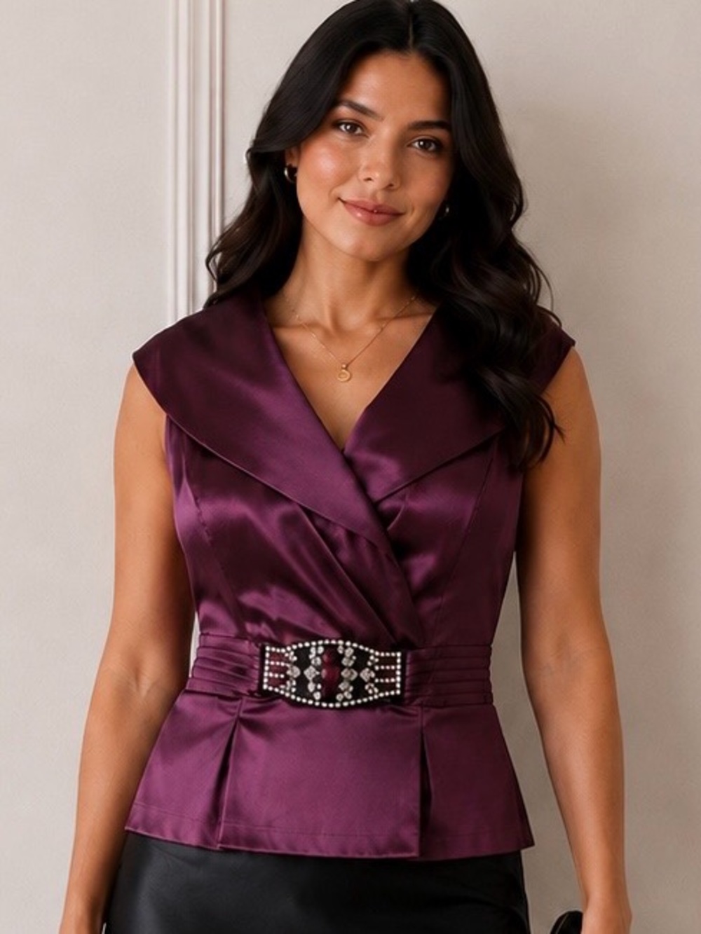 R&M Richards Plum Satin Peplum Blouse Beaded Waist Elegant Party Top